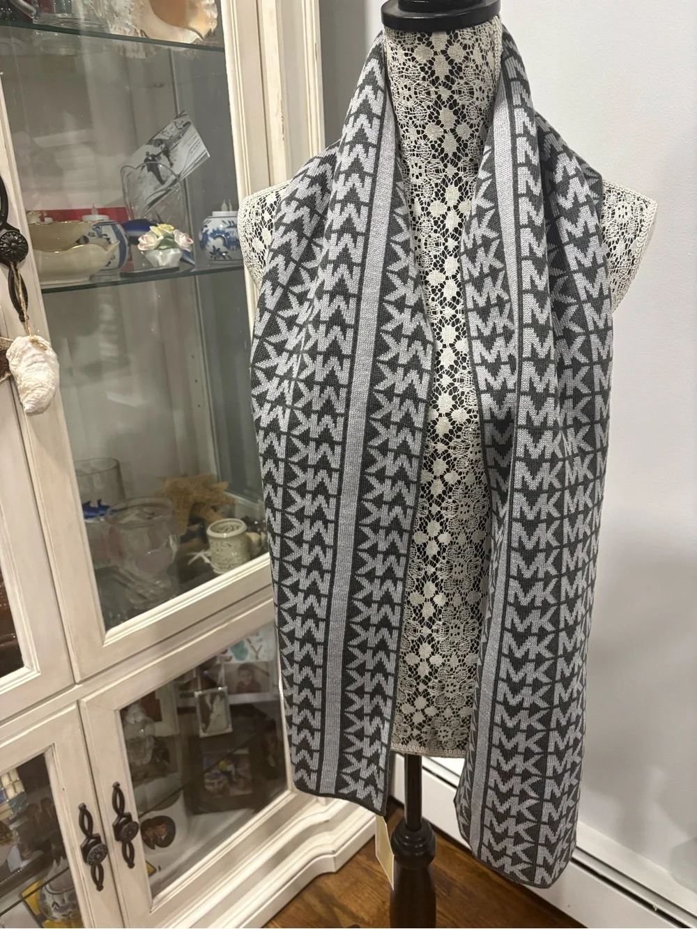 Michael Kors Gray and Dark Gray MK Logo Knit Scarf